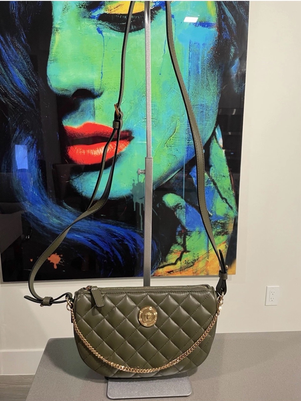 Versace Quilted Olive Green Crossbody Bag With Gold Chain